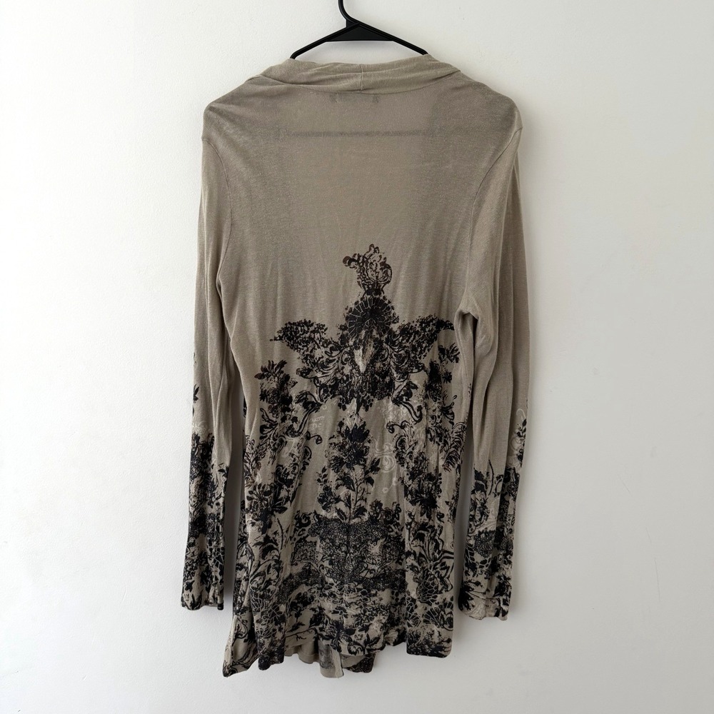 Nic + Zoe Cardigan L Beige Black Graphic Silk Linen Tie Waist Fairy Grunge Indie - Picture 3 of 9